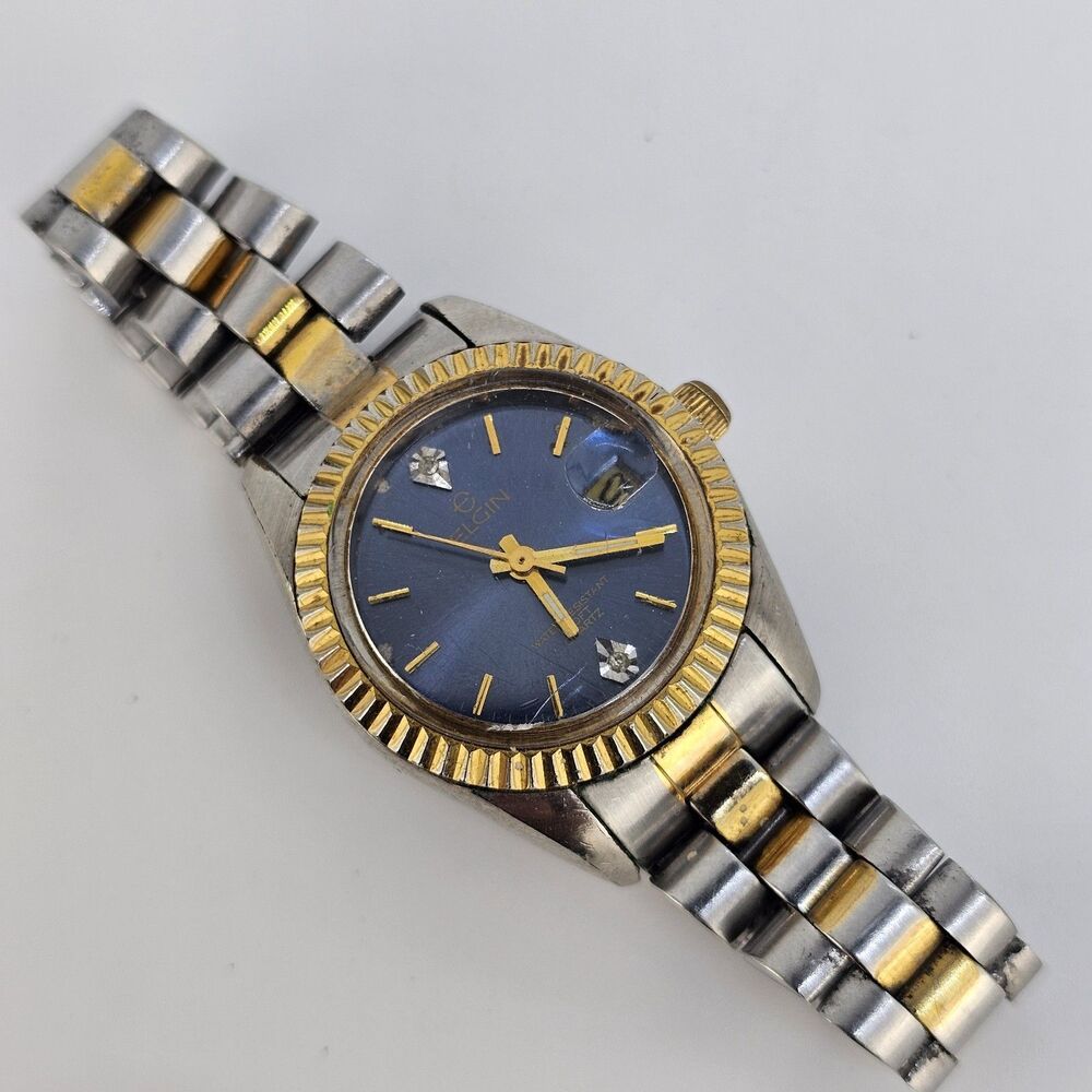 VTG Elgin Women's Watch 25MM Blue Dial‎ Two Tone Bracelet 5.5" New Battery